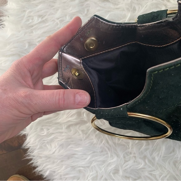 Vegan leather purse dark green w/goldtone “bracelet” ring handle; ostrich, snake - Picture 7 of 14